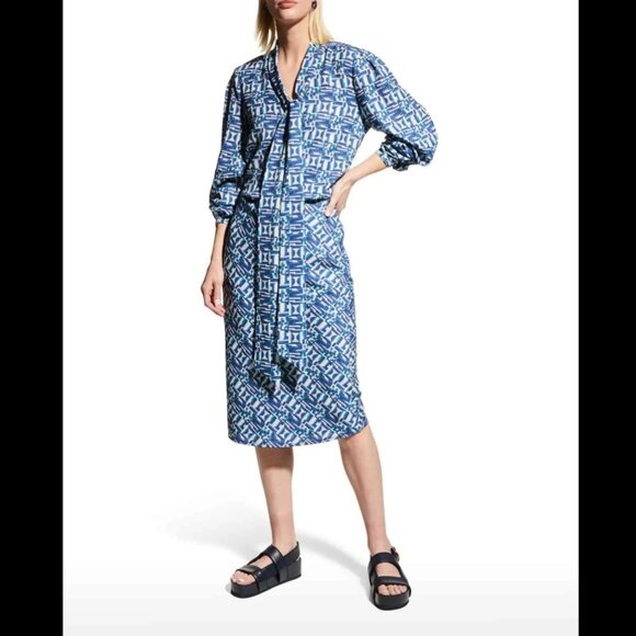 New Toccin Blue Geometric Printed Lantern Tie Neck Blouse $295 - Picture 3 of 3